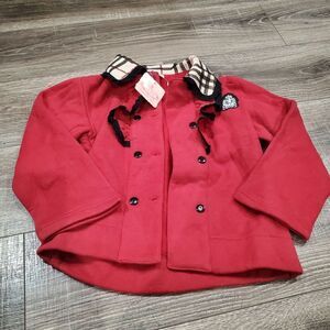 NEW Girls Pea Coat Size 10 (140) Chic Red Kids Pea Coat with Plaid Collar